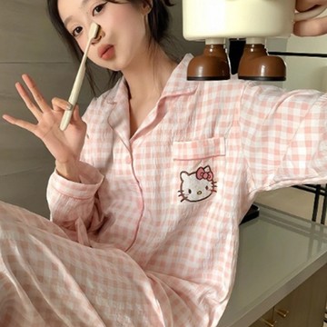 新款雲朵棉睡衣 韓版網紅風 家居服 可外穿 休閒 少女 甜美可愛風 寬鬆睡衣 長袖長褲 兩件套 翻領開衫 睡衣套裝