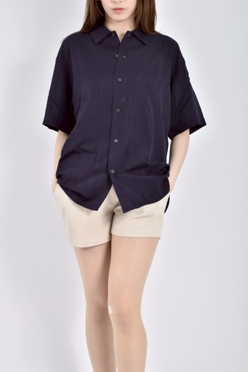 (XL) hang ten質感短袖排扣素面藍色襯衫上衣