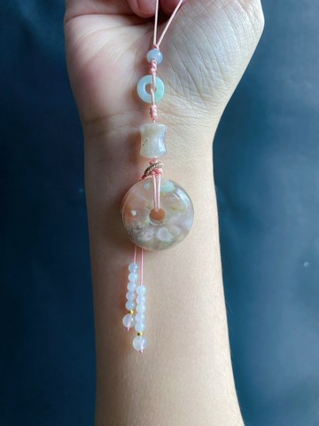 孤品 櫻花瑪瑙平安扣 粉花帶菜園子綠水中花 翡翠 包掛 手機