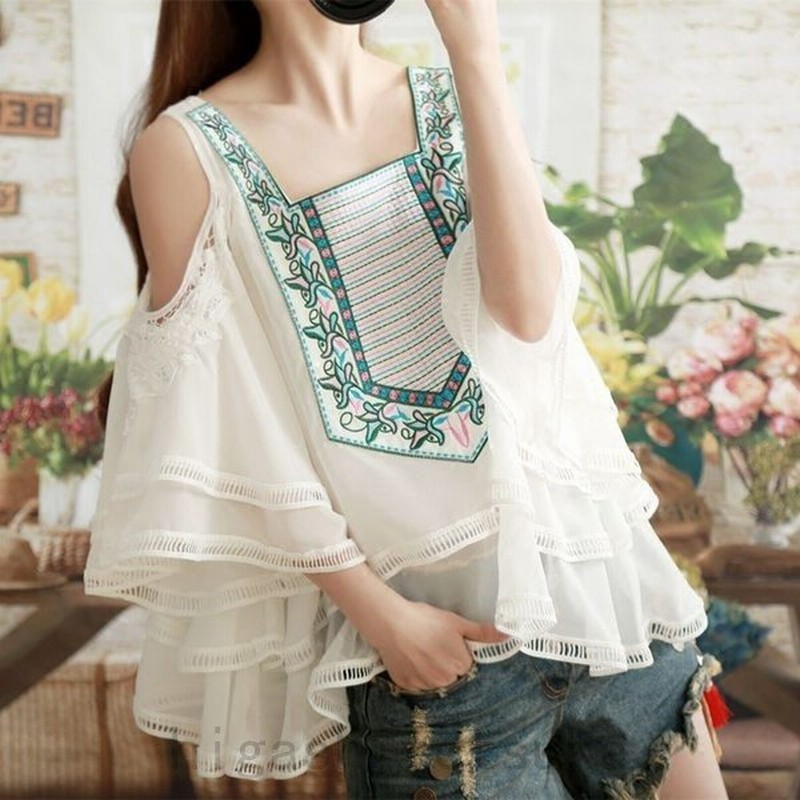 オープンショルダーブラウスシフォンブラウスレディーストップスブラウス刺繍花柄七分袖夏 通販 Lineポイント最大0 5 Get Lineショッピング