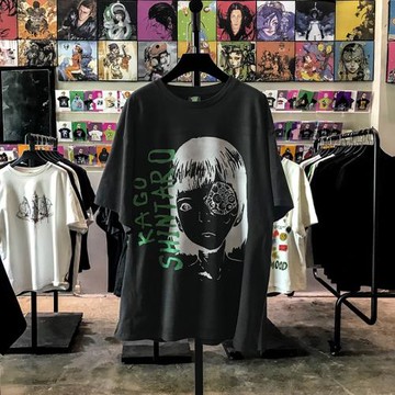 駕籠真太郎日漫手繪短袖情侶學院風落肩重磅t恤個性五分袖衣服男