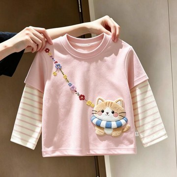 兒童長袖上衣 女童上衣 男童上衣 保暖上衣2026德絨可愛卡通印花女孩假兩件T恤德絨秋季兒童長袖條紋衫上衣童裝
