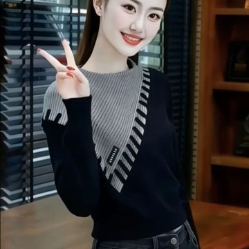 愛依依 針織上衣 毛衣 打底衫 內搭衫S-XL秋冬慵懶風假兩件撞色拼接上衣-11400.