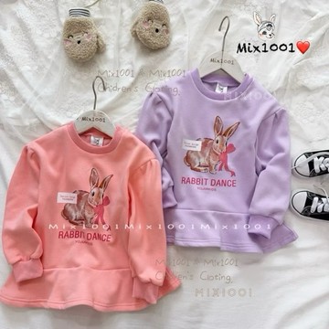 🌈✨mix1001厚🔥溫柔蝴蝶結小兔🐰刷毛短洋裝✨兒童兔兔🐰印圖短洋 7-17