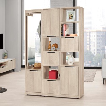 Boden-波恩4尺附拉鏡雙面玄關櫃/開放式收納書櫃/隔間置物展示櫃-附吊衣桿