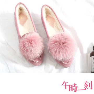 【午時一刻】便鞋 平底鞋/時尚內增高可愛毛球造型絨毛內裡平底便鞋 (5色任選)