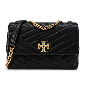 TORY BURCH KIRA 雙T金字LOGO鍊斜紋衍縫翻蓋兩用包-小/黑