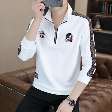 歐洲站高領衛衣男士秋冬季高端休閑寬松刺繡外套半拉鏈長袖t恤男
