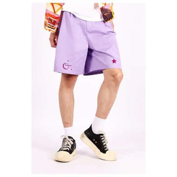 舒適百慕達五分短褲__淺紫色純棉繡花短褲