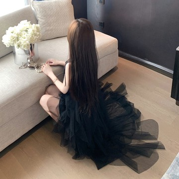 實拍設計感不規則網紗吊帶洋裝燕尾長裙氣質收腰顯瘦宴會禮服裙