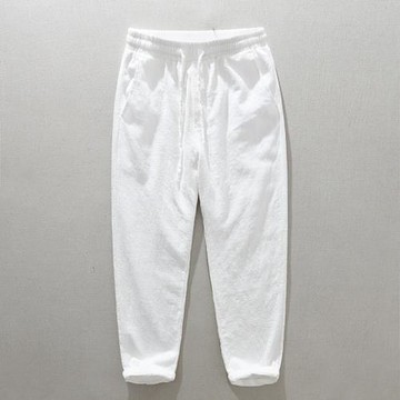 夏季男亞麻休閑褲直筒中腰便單褲青年薄款棉麻九分褲系繩工裝長褲