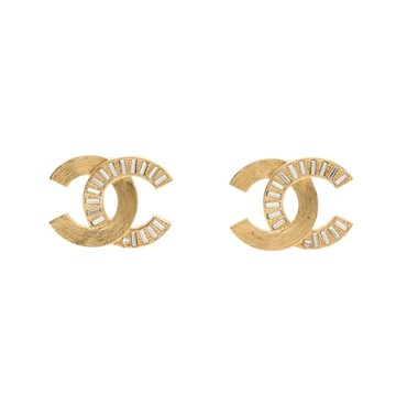 CHANEL 香奈兒 雙C 針式耳環 金色鍍金 水鑽 ABD167 【二手名牌BRAND OFF】