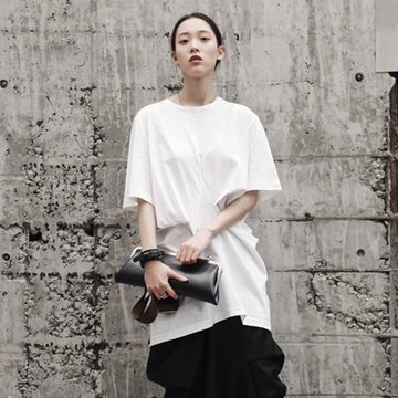 現貨+預購 短袖T恤中長款-純色個性褶皺捏花女上衣2色73sl14【獨家進口】【米蘭精品】