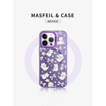 MASFEIL × 蝴蝶結貓咪適用iPhone16Promax手機殼新款ip15磁吸帶支架蘋果16pro保護套的14pm高級12全包13可愛