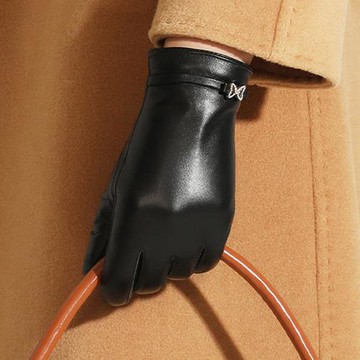 eoul show首爾秀 水鑽蝴蝶結全掌觸控頭層小綿羊皮珊瑚絨女士真皮騎車保暖手套