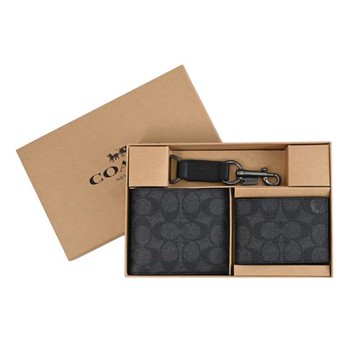 COACH CW344 印花皮革短夾活動卡夾鑰匙圈三件禮盒組.黑灰