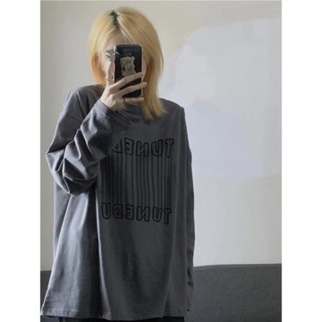 美式復古灰色長袖t恤女秋冬2025新款寬松純棉中長款內搭打底上衣