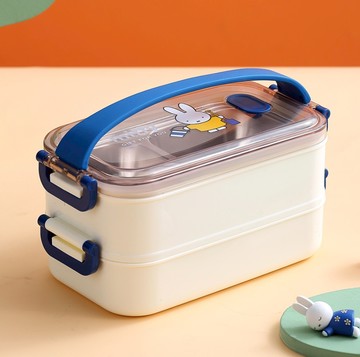 預購【Miffy 米菲兔商店】Miffy 米菲兔經典款 提手不鏽鋼雙層便當盒 1400ml - 藍色