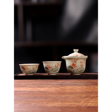 秘黃汝窯山茶花手抓壺功夫旅行茶具快客杯汝瓷小套裝便攜包便攜式