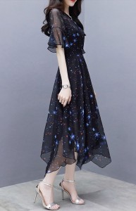 送料無料 マキシワンピース アシンメトリー ランダム丈 星柄 宇宙柄 シフォンワンピ ｓ ３ｘｌ B 通販 Lineポイント最大1 0 Get Lineショッピング