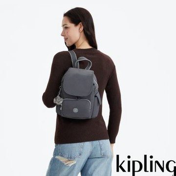 『猴子包』Kipling 月光灰拉鍊掀蓋後背包-CITY PACK MINI