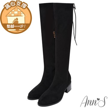 💎APP結帳 靴款買1送1💎Ann’S誘人領域小個子推薦-防水絨布素面後綁帶粗跟及膝長靴5cm-絨黑