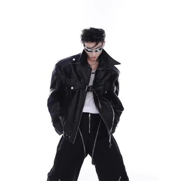 美式復古小眾重工解構pu皮衣夾克外套金屬設計感痞帥高級機車服男