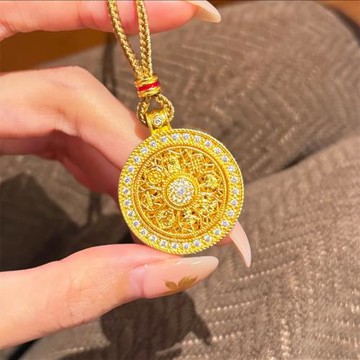 新中式祥八寶羅盤如意吊墜項鏈鍍黃金色可旋轉吊墜毛衣鏈古法首飾