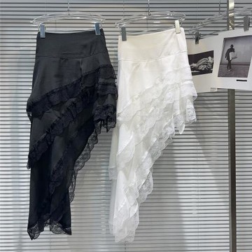 網紅同款2025秋季新款小香風蕾絲花邊多層斜邊設計純色長裙半身裙