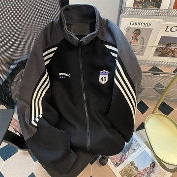 【台灣出貨】學院風條紋插肩運動休閒開衫上衣秋季美式復古立領夾克衛衣外套潮薄款上衣秋冬外套