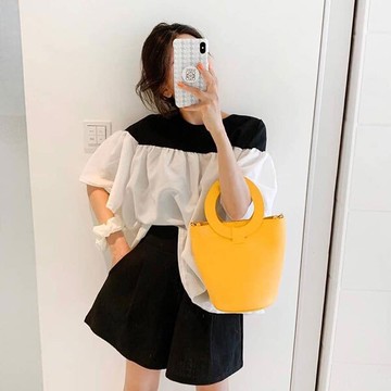 ANNAS 正韓 拼色娃娃衣 上衣 襯衫 短袖 荷葉袖 寬鬆 撞色 顯瘦 百搭 上班族 韓國