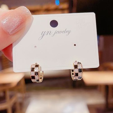 日韓氣質黑色棋盤格耳扣時尚簡約設計感耳環輕奢百搭圈圈耳飾品