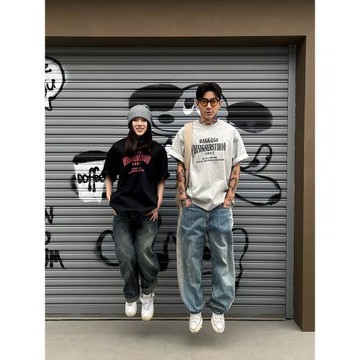 (免運)OXFREAK 「雙層印花高端」340重磅美式短袖t恤男寬松情侶半袖上衣