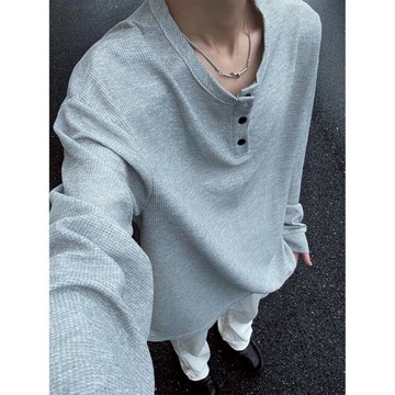 【T-2】🖤亨利領打底衫 重磅長袖t恤男 春秋美式街頭潮牌高級感寬鬆內搭上衣 長袖上衣