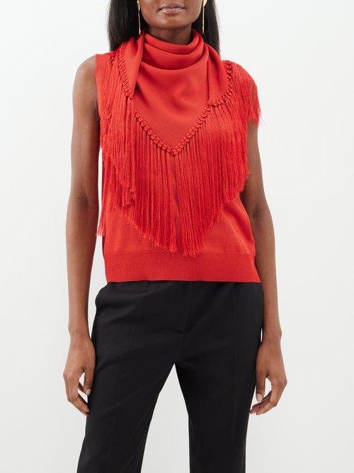 Another Tomorrow - Fringe-scarf Viscose Tank Top - Womens - Red