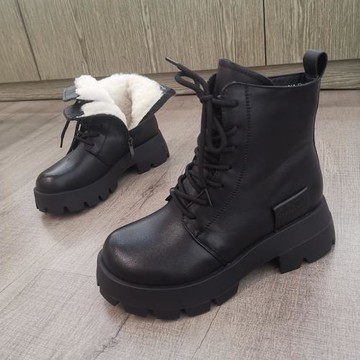 冬季側拉鏈真皮英倫風馬丁靴女厚底防水臺短靴加厚保暖羊毛棉靴子