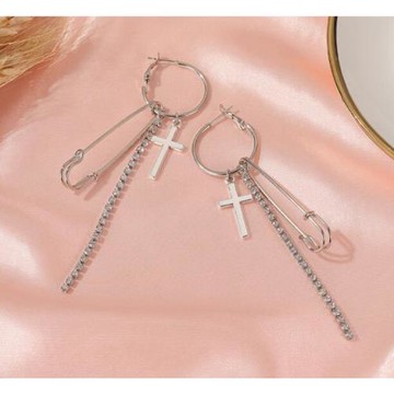 【RJ New York】復古嘻哈十字架搖滾水鑽流蘇長款耳環(白金色)