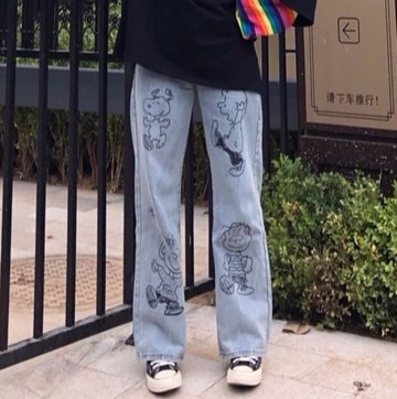 牛仔褲女直筒寬松高腰秋冬韓版新款顯瘦卡通印花闊腿拖地長褲ins