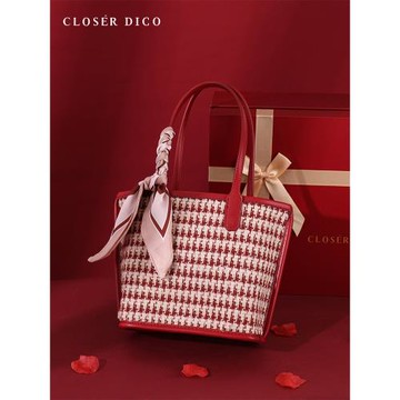 時尚洋氣婚包女2026新款高級感小眾紅色手提包千鳥格新娘結婚包包