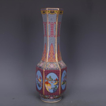 清乾隆琺瑯彩花鳥六方長頸瓶仿古瓷器家居中式擺件古董古玩收藏1入