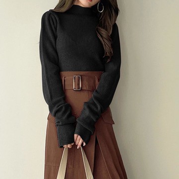 日本 GRL - 小立領羅紋彈性針織上衣-黑