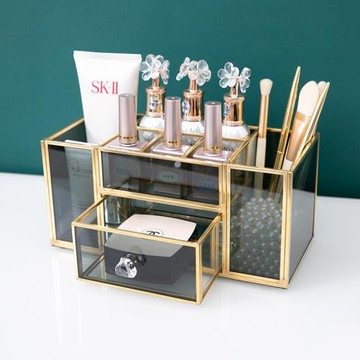 美甲收納盒高檔輕奢桌面玻璃化妝品收納盒梳妝臺化妝刷置物架金邊