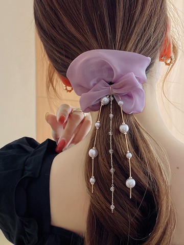 紫色網紗大腸發圈流蘇優雅高級感馬尾頭繩綁頭發皮筋頭飾皮套發繩