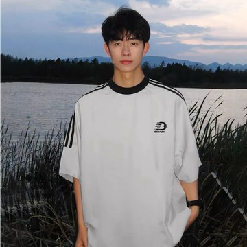 100%純棉短袖男 復古美式短袖男 三條槓拼接短袖男 體恤男女 夏季短袖男 設計感寬鬆短袖 情侶上衣 短袖男女 t恤男女