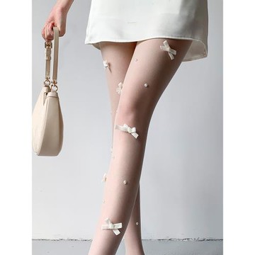 蝴蝶結絲襪珍珠白絲女夏天薄款甜美日系純欲白色連褲襪性感JK穿搭