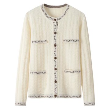 官方旗艦店100純山羊絨衫女開衫圓領小香風拼色外搭毛衣外套E3117