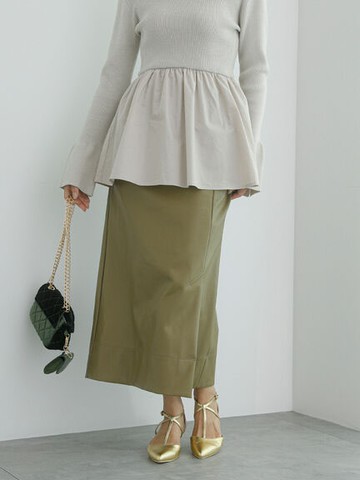 仿皮革開衩窄身裙(FC34L0L1080) - Te chichi