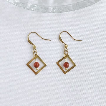 古典小方。天然南紅瑪瑙 黃銅 手作耳環 耳勾 垂墜耳環 避邪 平安