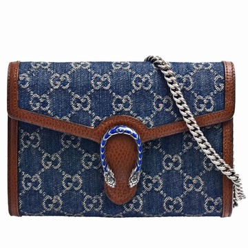 GUCCI 古馳 經典Dionysus系列單寧牛仔虎頭釦銀鍊手拿/斜背包(藍色)