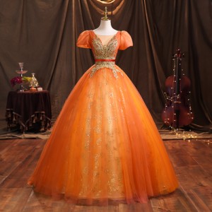 オレンジ カラードレス パーティドレス ロングドレス ワンピ Ａライン